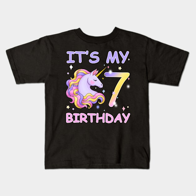 Cute Unicorn It's My 7th Birthday Kids T-Shirt by elillaa